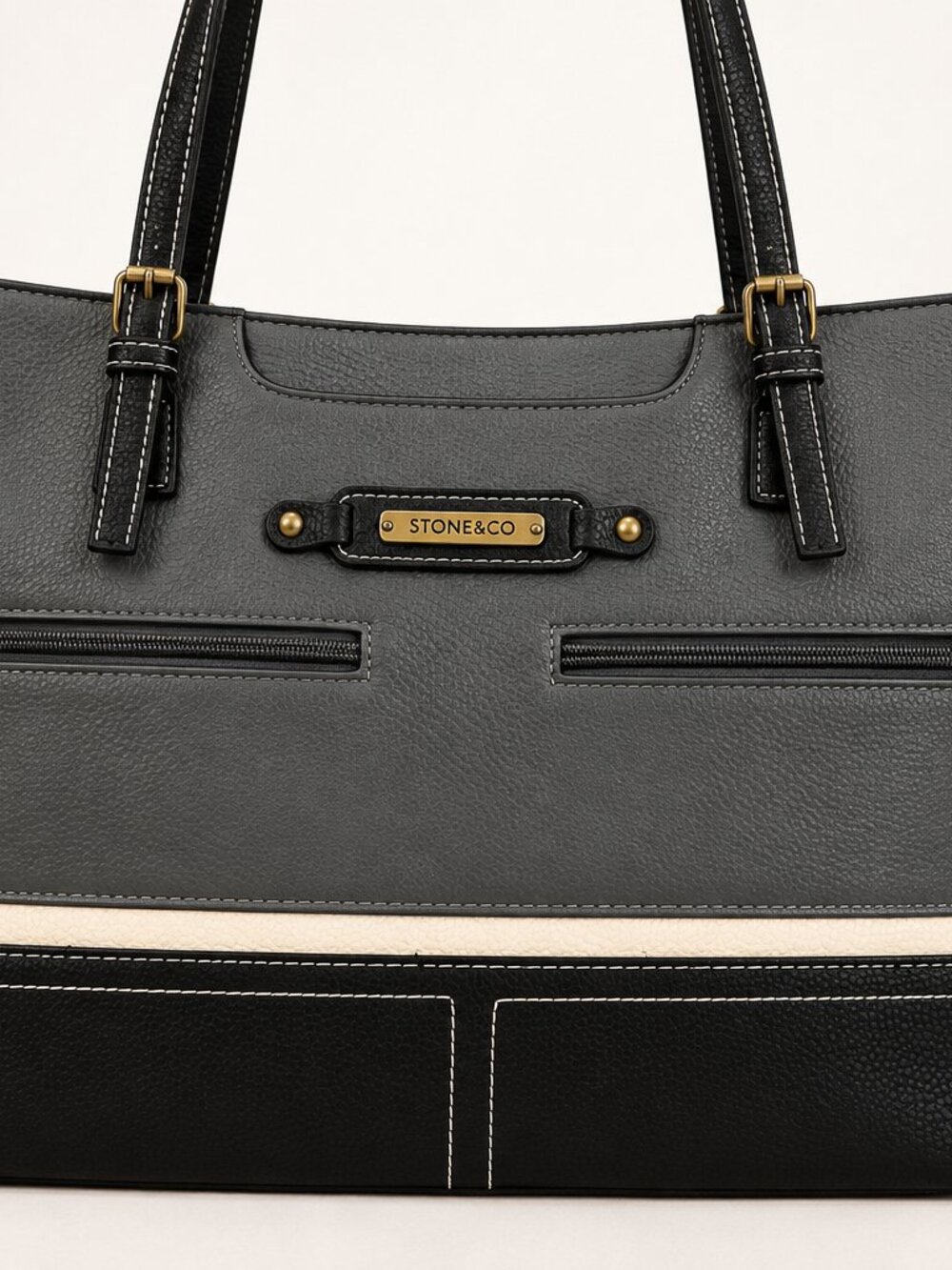Stone & Co Black Gray Colorblock Tote Bag Faux Leather Double Zip Pockets